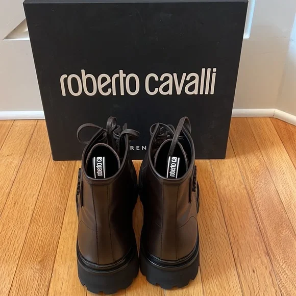 Roberto Cavalli leather hiker dark brown boots